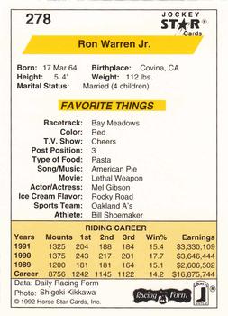1992 Jockey Star #278 Ron Warren Jr. Back